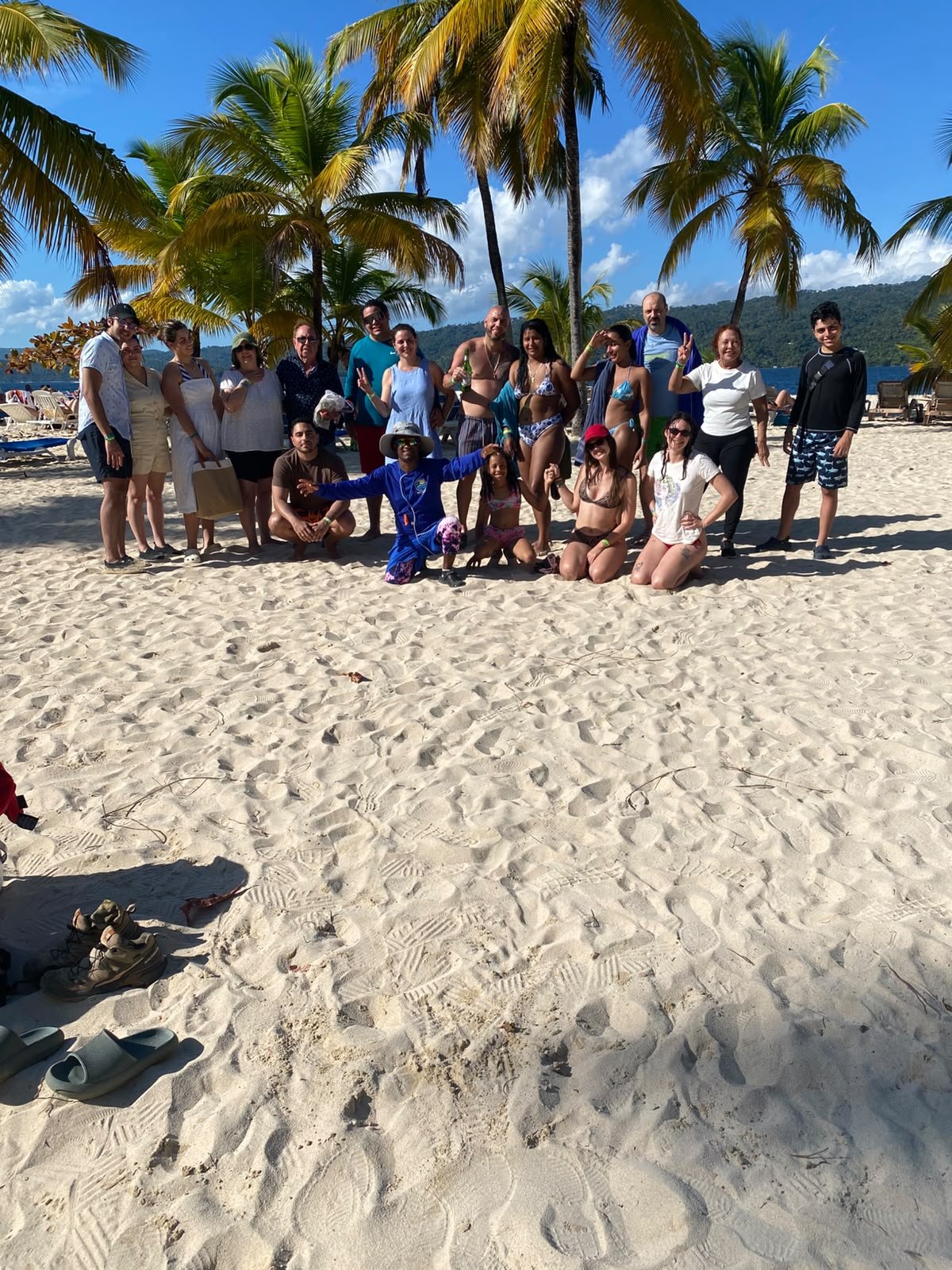 Group under palm trees on the beach